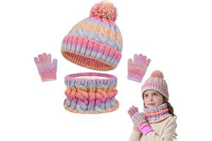 JinBei Conjunto de Gorro y Bufanda y Guantes para Niños, 3in1 Térmico Cálido Invierno Beanie Forro Polar Braga Cuello Gorros con Pompon Punto 3 Piezas Set Niña Niño Regalo 3-10 Años