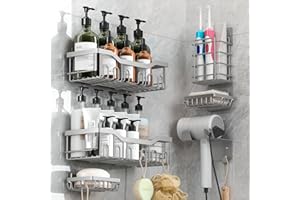 RIGORS RIGOR – Estante Ducha 6 Piezas, Estantería Baño de Acero Inoxidable y Ganchos con Autoadhesivo para Cocina o Baño, Plata