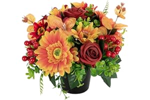 Memobloom Artificial Grave Flower Pots: Autumn Red Roses Orange Sunflowers Pansy Artificial Flowers for Graves Decorations - Cemetery Memorial Silk Bouquet in Pot Outdoor Graveside