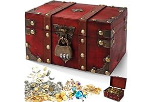 Otauoaea Vintage Holz Schatztruhe, Aufbewahrung Schatzkiste mit Schloss, Holz Schatztruhe kindergeburtstag Schatzkiste kinder mit Deckel Piratenkiste für Aufbewahren und Dekorieren Geschenke(Rot)