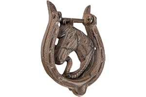 HOMESCAPES - Heurtoir de Porte Marron en Fonte Style équestre – modèle Cheval et Fer à Cheval