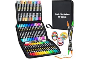 APOGO Acrylic Paint Pens - 50 Colours Dual Tip Acrylic Markers, Fine & Brush Tip Paint Markers Pens for Colouring Rock Painting Stone Wood Glass Ceramic Plastic Fabric Canvas