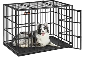 Feandrea Hundekäfig hochbelastbar, Hundebox, 107 x 70 x 75 cm, für mittelgroße und große Hunde, mit herausnehmbarer Bodenschale, Doppeltüren, leicht zu reinigen, Haustierkäfig, tintenschwarz PPD005B01