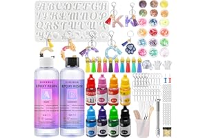 SUNXBUK Resina Epossidica Trasparente 408ml, Kit Resina Epossidica Completo, Kit Stampi per Alfabeto, Pigmenti, Adatto per la Creazione di Gioielli, Fai da Te, Pendenti per Collane