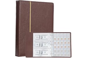 TsunNee Álbum de colección de monedas con 150 bolsillos,soporte para colección de monedas,álbum de almacenamiento de monedas con 24 bolsillos conmemorativos,Marrón Amarillento,30 x 24.5 x 4.5cm
