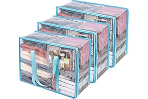 Vieshful Clear Clothes Storage Bag Organizer with Blue Reinforced Handle, 18.1 X 15 X 9.1 in, Storage Bag for Comforter, Blanket, Bedding, Duvet, Transparent Moving Totes with Sturdy Zipper, 3 Pack