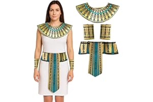 FUN FABLES Adult 4-Piece Egyptian Pharaoh Costume Set – Includes Gold & Turquoise Collar, Belt & Cuffs for Fancy Dress, World Book Day, Halloween & Cosplay Events