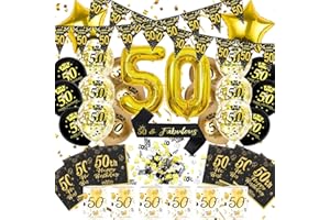 50 Geburtstag Deko Männer Frauen, 50th Happy Birthday Decoration Luftballon Schwarz Gold Banner Konfetti Schärpe Laternen Servietten Windlicht Tischdeko, Cadeau 50 Frau Mann (Set 50. Geburtstag Deko)