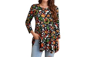 Enmain Tunique Femme Longue Grande Taille à Manches 3/4 Chemisier Chic et élégant Col V Tuniques à Motifs Couleur Unie Haut Ample pour Femmes