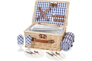 BIRDSINYARD Picknickkorb für 2 Personen, Picknickkorb-Set mit Kühlfach und wasserdichte Picknickdecke, Besteck Set, Handgefertigtes Weidenkorb Picknick Korb Geschenk für Camping, Strand, Wandern (BlauCheck)