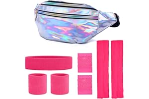 SPOKKI 80s Outfit Women's Set, 80s Aerobic Outfit, Laser Belt Bag, Pink Bracelet Headband Leggings Mesh Gloves, Neon Clothing Women's 80s Accessories (8 Pack, Silver + Pink), silver