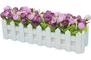 Flikool Creative Artificial Potted Plant Artificial Flower Rose Faux Green Grass Fake Bonsai Greenery Decoration Ornaments with Fence Wedding Balcony Valentine's Day Decor - Purple