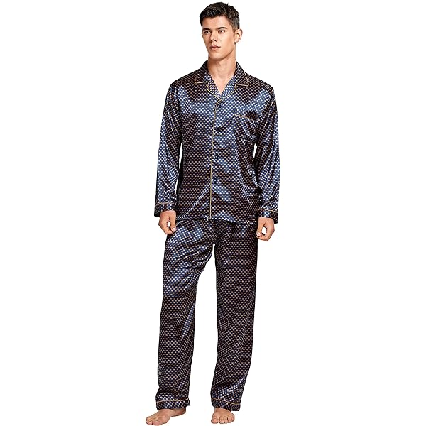 Elainone Zijden pyjamaset voor heren, satijnen pyjama voor heren, korte mouwen, tweedelige pyjama, loungewear met knopen en zakken, Donkerblauw, XXL