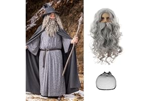 PWSAP Długa szara peruka dla mężczyzn, kostium, szara z czepkiem i brodą, męskie, cosplay, syntetyczne, warstwowe, srebrne peruki męskie, dla dorosłych, mężczyzn, kobiet, do kostiumów, cosplay, Halloween