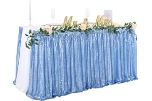 QUEENDREAM 6ft Baby Blue Sequin Table Skirt for Round Rectangle Square Table Sparkly Table Skirt for Birthday Party Family Baby Shower