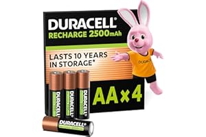 Duracell Rechargeables Piles AA (lot de 4 piles), 2500 mAh, NiMH, pré-chargées, Nos piles rechargeables qui durent le plus longtemps, un packaging recyclable 0% plastique