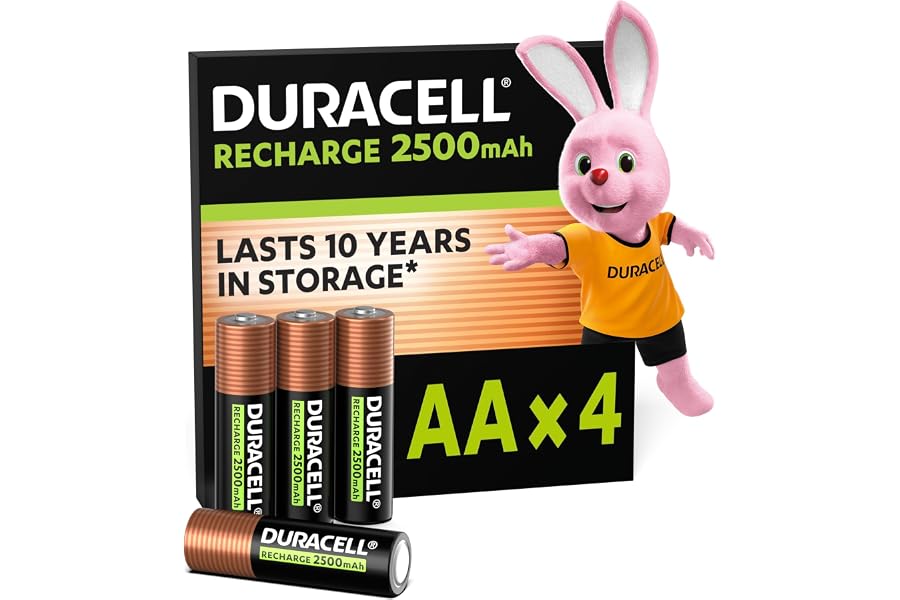 Duracell pilas recargables AA (Paquete de 4), 2500 mAh NiMH, precargadas, nuestras pilas recargables no. 1 en duración, con 0