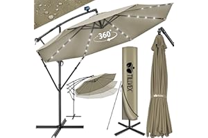 tillvex Alu Ampelschirm + Abdeckung LED Solar Ø 300 cm mit Kurbel, Abdeckung + Ständer | Sonnenschirm mit Windschutz | Gartenschirm UV-Schutz Aluminium | Kurbelschirm Marktschirm wasserdicht