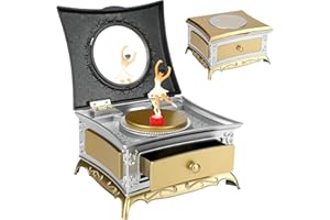 AIMMIE Klassische Spieluhr, Schmuckaufbewahrung Spieluhr, Ballerina String Rotierende Spieluhr mit Schublade, Schminkspiegel, Elegante Ballerina zum Weihnachtsgeburtstag (Gold)