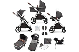 Ickle Bubba Eclipse 3 in 1 Travel System, with Galaxy Car Seat, Isofix Base & Built in 'Bubba Board (Grey with Tan Handles)