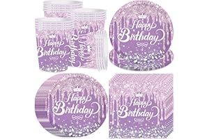 Bikasun Purple Party Tableware Set, 16 Guests Purple Diamond Birthday Tableware, Children's Birthday Plates, Cups, Napkins, Paper Plates, Party Decoration, Girls Table Decoration