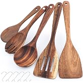 SneiDr 5 Pcs Acacia Wood Kitchen Utensils Set Includes 5 Hooks | Spatula Kitchen Ladles Rice Spoon Salad Fork Compatible with