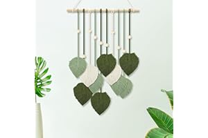 HEVEER Makrama, ozdoba na ścianę, dywan ścienny w stylu boho, makrama, dywan ścienny z drewnianymi koralikami i zielonymi liśćmi, z 1 haczykiem, do salonu, sypialni, 40 x 62 cm