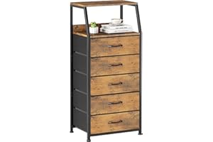 CAIYUN Chest of Drawers Bedroom with 5 Drawers, Tall Fabric Dresser with Shelf, Fabric Dresser for Entryway Hallway Living Room, Closet Storage Drawer, Rustic Brown