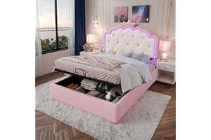 Wyibwy Cama Acolchada 140 x 200 cm,Cama contenedor hidráulico,Cama Individual con luz Ambiental con Mando a Distancia,Forma de Corona de Princesa,Cama con somier,Material PU,para Niños,Rosa