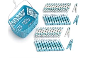culiclean Clothes Pegs for Washing Line with Basket Strong Soft Grip 40 pcs "Soft Clips" + 1 Peg Basket, Laundry Pegs blue white white blue with Basket blue Handle white