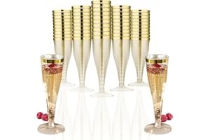 KELHOM Flûtes à Champagne en Plastique de 133ml avec Bord Doré - 50 Flûtes Élégantes sans BPA pour Fête de Mariage, anniversaire, Cocktail & Barbecue - Verre à Champagne en Plastique Solide & Lavable