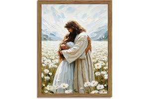 Inramad 3D-texturerad Jesus omfamnande kvinna väggkonst, Jesus kramar kvinna väggdekor handritad sandsten religiös kristen bibelmålning bilder för sovrum levande bönerum 30 x 40 cm trä inramad