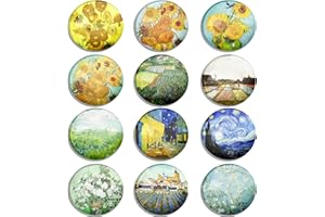 Berkin Arts 12 pezzi di magneti per frigorifero in vetro cristallo trasparente rotondo, forte magnetico, adesivi frigo girasole giallo blu turchese Pianta Notte stellata Serie Vincent van Gogh