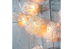 Lights4fun 1.35m Silver Metal Mesh Heart Fairy String Lights – 10 Warm White Battery Operated LEDs with Timer on Clear Cable for Bedroom, Living Room, Office and Indoor Use