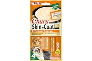 INABA Churu Skin & Coat Gatos - Snack Saludable para Mejorar la Piel y el Pelo - Receta de Pollo - Omega 3 & 6 y taurina - Textura cremosa - 56g (4x14g)
