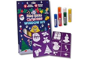 Little Brian Paint Sticks for Kids - Window Art, 6 Pack Assorted Festive Colours & 12 Christmas Stencils - Mess-Free, Easy Clean Up, Fast Drying Action, Vibrant Colours, Multi-Surface, Twist & Paint