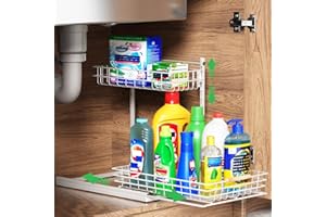 SUMAITech Organizador Bajo Fregadero de Metal, 2 Niveles Estanteria Bajo Fregadero con Altura Ajustable, Organizador Cocina Extraible, Estante de Almacenamiento Bajo Fregadero para Cocina, Blanco