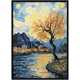 Zestia Siyah &Ccedil;er&ccedil;eveli Tablo, Van Gogh Yıldızlı Gece K&ouml;pr&uuml; Yorumu, Salon Dekoru Poster No: 108452 50 x 70