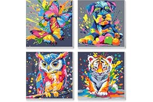 MAXBYE 4 Pack Paint by Numbers for Children with Frame, Colorful Cute Animals Painting by Numbers on Canvas for Kids 4-8-12, DIY Painting Kits Pigment Drawing for Home Wall Decor Gifts 20x20 cm