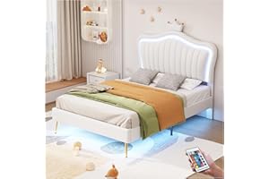 Racxily Letto per bambini con luci LED,letto da principessa 90x200cm, modanatura a corona,letto una piazza e mezza con rete a doghe e schienale,PU,bianca
