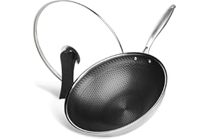 RIOVARM 32cm Wok in acciaio inox con coperchio, Antiaderente Fondo piatto Padella Wok, A tre strati Struttura a nido d'ape, Lavabile in lavastoviglie A prova di forno, Induzione, Piani cottura a gas