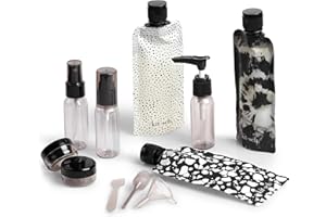 Kitsch Set da Viaggio 11 Pezzi per Toiletries – Kit Essenziale per Shampoo, Balsamo, Lozione e Altro, Contenitori Ricaricabili da Viaggio a Prova di Perdite – Nero & Avorio