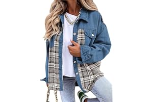 PLACITIUME Women's Button Down Denim Jackets for Women Fashion Long Sleeve Plaid Shacket Jacket