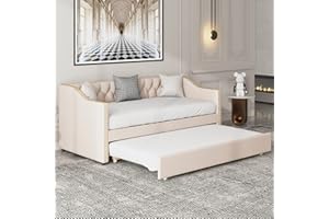 KecDuey Polsterbett 90x200 cm mit Bettkasten, Funktionsbett Jugendbett Strapazierfähiger Leinenstoff Tagesbett Ausziehbares Schlafcouch Gästebett (ohne Matratze) (Beige)