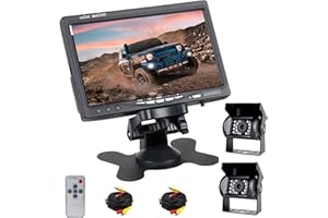 RIMOODY RV Camera de Recul pour Voiture Kit avec 2 Caméras, 7 Pouces LCD Couleur Moniteur, 18IR Vision Nocturne, IP68 Étanche avec 10M+10M Câble,pour Bus/Camping Car/Camion/Remorques/Agricole/Motorhome 9V-35V