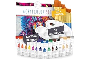 Amandi Van Gaunet Acrylfarben Set – 16 Acryl Farben mit 75ml Pigment & 10 Pinsel – Wasserfestes Acrylfarbenset für Papier, Stein, Holz, Keramik, Stoff, Leinwand & Glas – Schnell trocknend