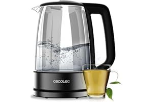 Cecotec Hervidor Eléctrico de Agua de 1,7 L ThermoSense 340 Clear. 2200W, Cuerpo de Vidrio de Borosilicato, Indicador Luminoso, Base con Giro 360º, Sistema de Seguridad