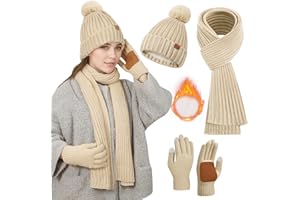 CHRITICE Mütze, Schal & Handschuh-Sets für Damen, Mütze Damen Winter mit Bommel Fleece Gefütterte, Schal Touchscreen Handschuhe 3 in 1 Set Damen Mütze und Schal Set Damen Winterset Damen, Geschenk für Frauen