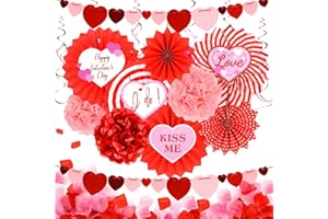 COVIENAPP 23PCS Red Valentines Day Party Decorations Kit with Red Paper Fans Hanging Heart Swirls Banners Simulated Petals and Love Card for Valentine Day