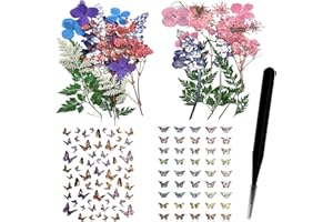 AYWFEY 124 Stück natürliche echte getrocknete gepresste Blumen Blätter Set und Schmetterling Aufkleber Aufkleber mit Pinzette für Scrapbook Harz Schmuck Handwerk DIY Kerze und Blumendekorationen, Rosa/Blau